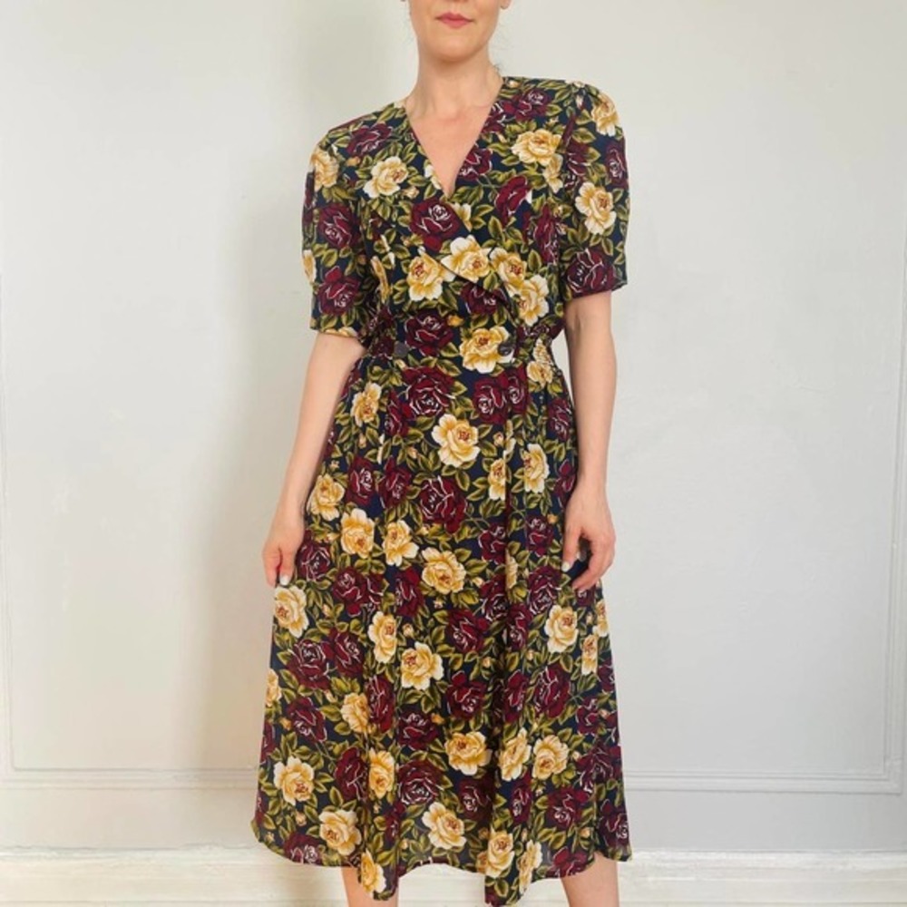 CHAUS 80s navy floral‎ dress